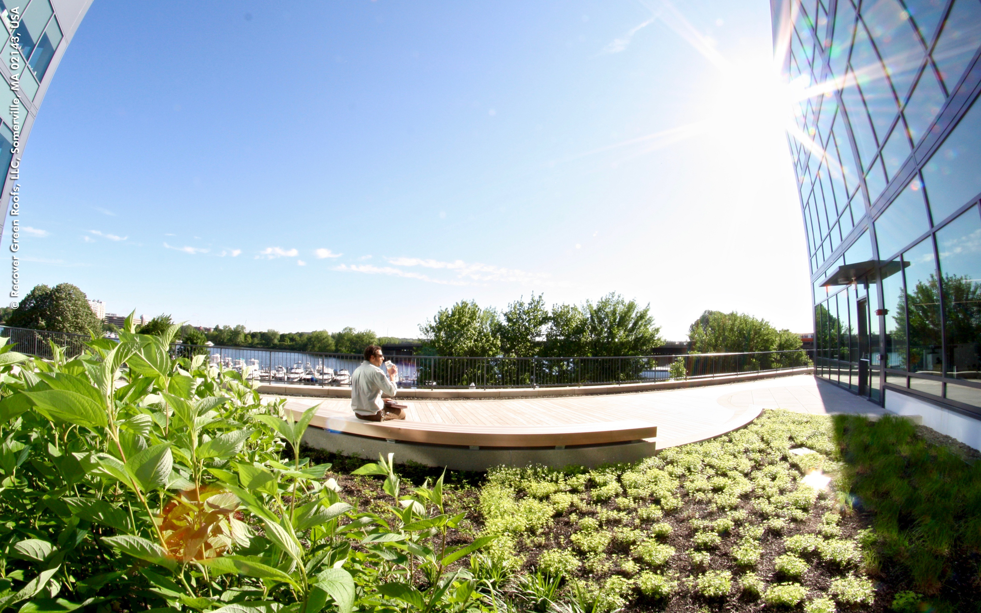 The rooftop offers spectacular views of the Mystic River. Man sitting on a bench on a roof garden and enjoying the view